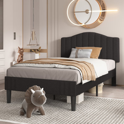 Structure de lit simple tapissier en tissu gris foncé avec tête de lit réglable en hauteur, rangement silencieux, aucun sommier tapissier requis