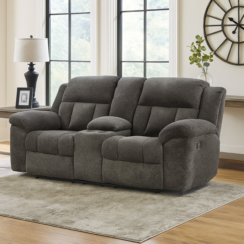 Senita Reclining Loveseat With Console, Gray Polyester