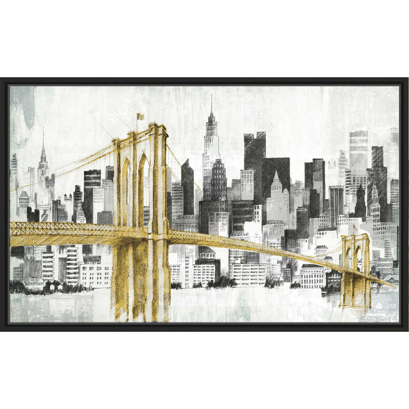 New York Skyline I, pont jaune - Peinture, Reproduction avec cadre flottant, H 27,5 po x l 43,5 po, Noir
