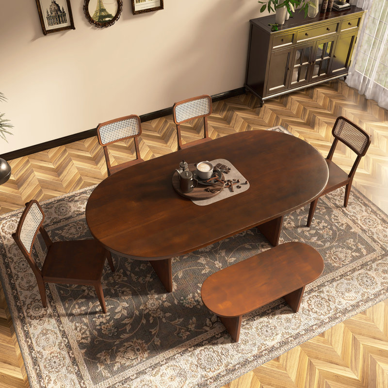 6-Piece Solid Wood Dining Table Set With Rattan-Back Chairs, Brown