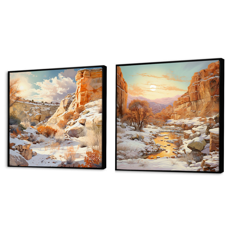 Canyon Winter Scenery - ensemble de 2 collages carrés Canyon, Cadre flottant noir, H 30 po x l 61 po