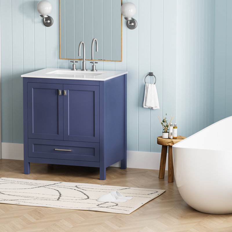 30" Freestanding Single Bathroom Vanity with Engineered Marble Top, Undermounted Ceramic Sink, Soft-Close Door, Solid Wood Drawer, 3 Colors Option
