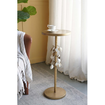 Table d'appoint ronde en fer 11,8 x 11,8 x 28,3 po avec accents floraux dorés et blancs et base en ciment