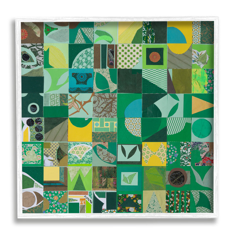 Collage géométrique vert encadré sur bois par Pamela Fingado, H 17 po x l 17 po x P 1,5 po, Giclée encadrée blanc bord de mer