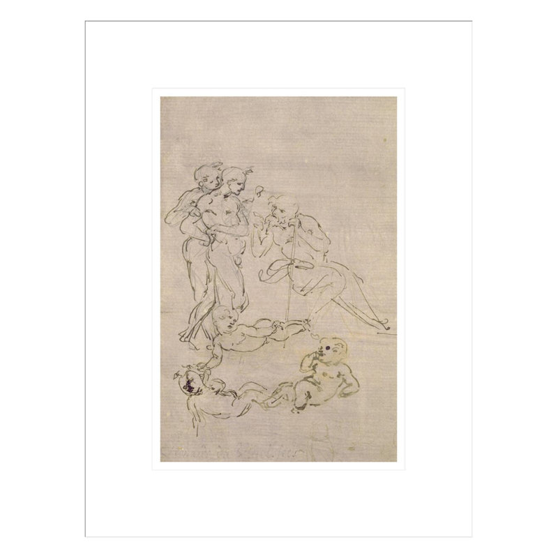 Étude figurative pour l'adoration des mages (Joseph et deux bergers et croquis pour l'enfant Jésus) par Leonardo Da Vinci - Estampe numérique encadrée