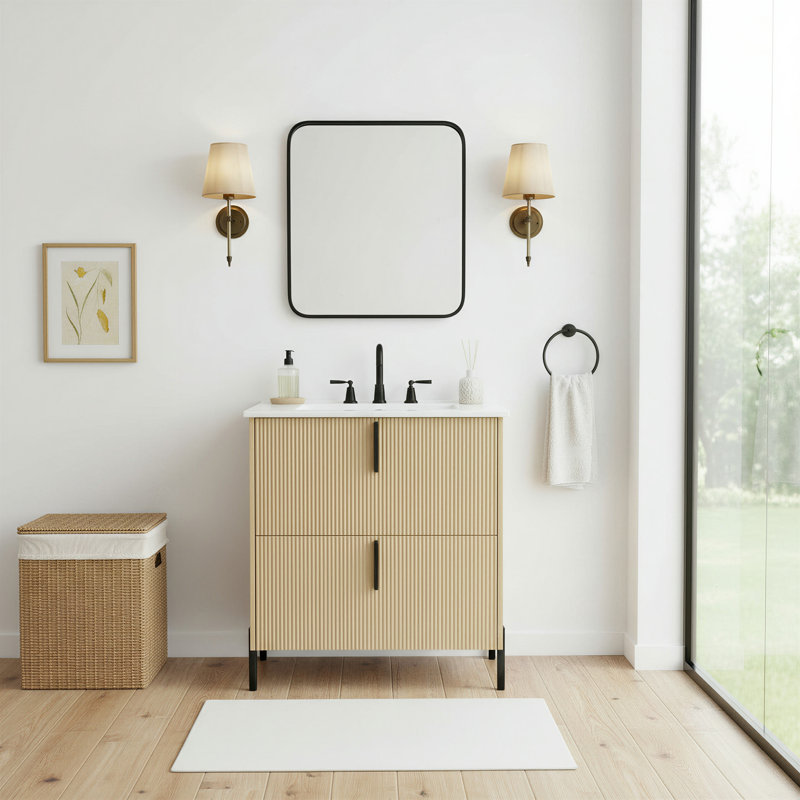 Ensemble de vanité sur pied moderne cannelé de 76 cm (30 po), lavabo en céramique, tiroirs à fermeture amortie et extension complète, quincaillerie et pieds noirs, couleur naturelle.