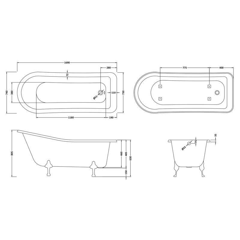 Brockley 1500mm x 730mm Soaking Acrylic Bathtub, 170cm H x 73cm W