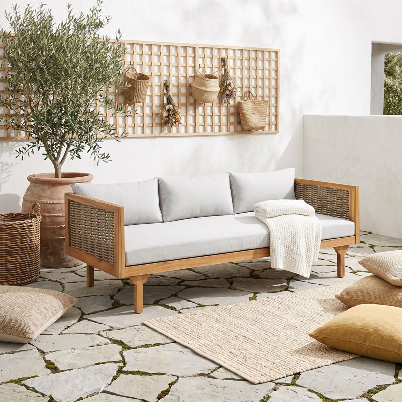 Canapé d'extérieur en bois d'acacia avec accoudoirs en rotin, lit de jour pour patio avec coussins résistants à l'eau
