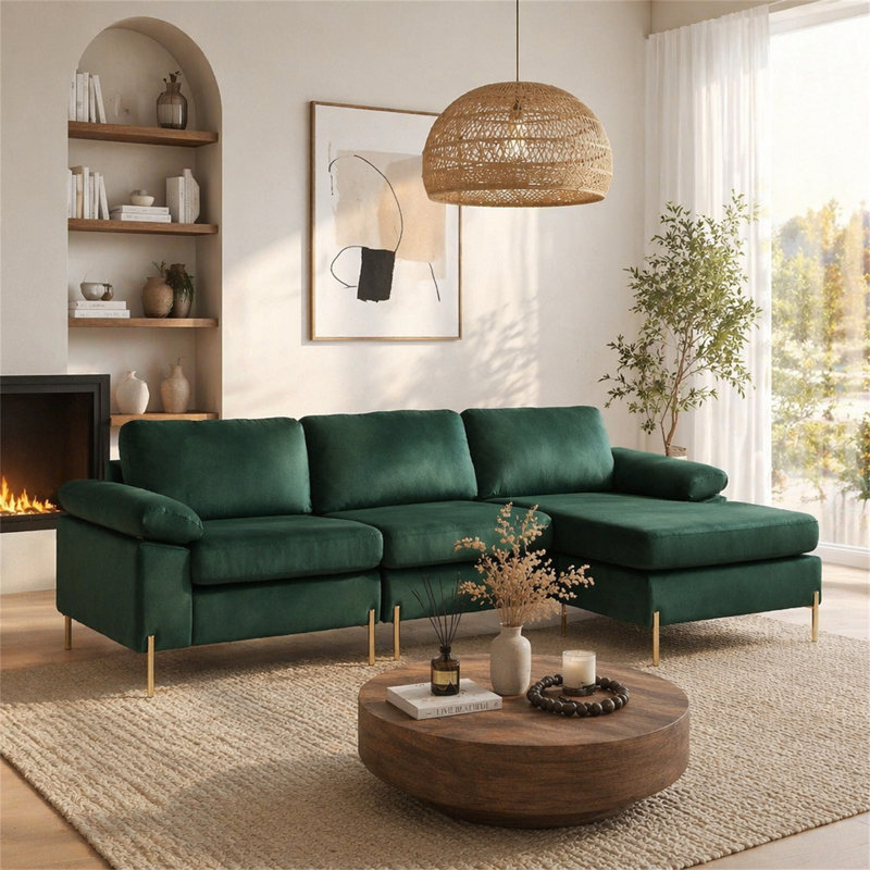 Canapé modulaire en velours avec méridienne Shannon, Vert