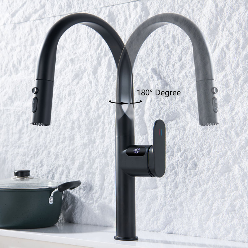 Temperature Digital Display Kitchen Faucet With Sprayer Single Hole Pull Out Kitchen Sink Faucets Brass Single Handle Kitchen Basin Taps With Swivel Spout