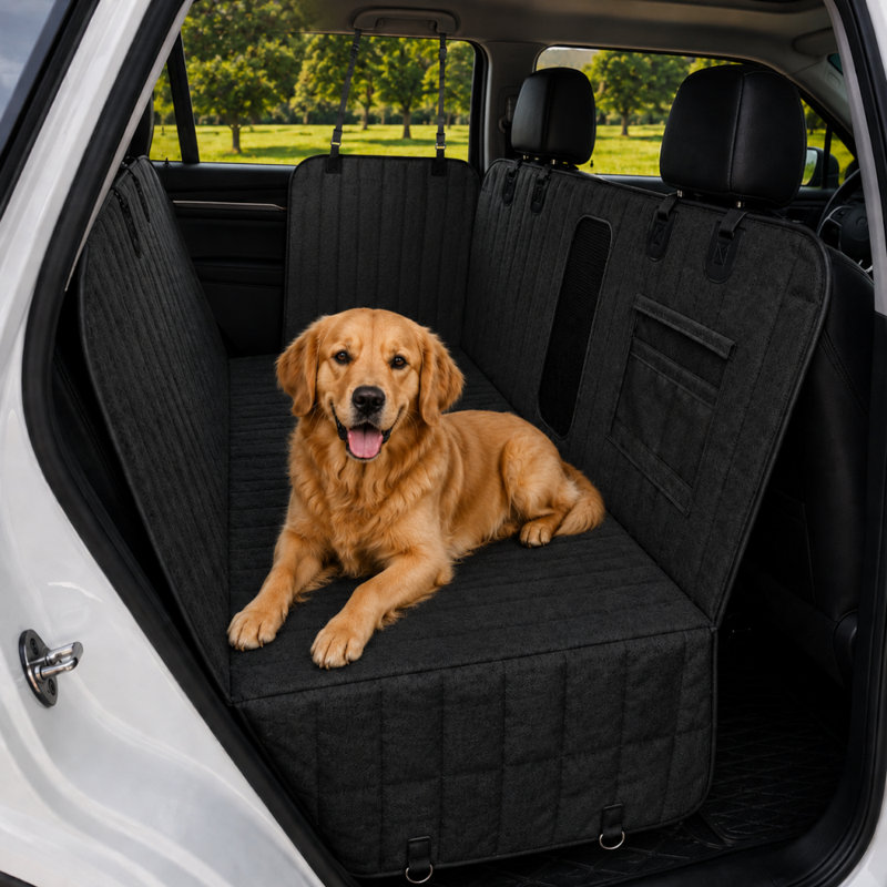 Housse imperméable pour voiture pour animaux avec fenêtre en filet et poches de rangement, Noir