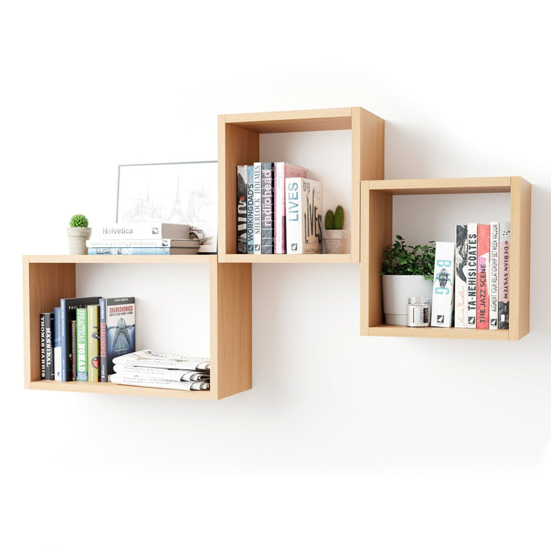  Wall Mount Cube Shelf Set Of 3, Floating Cube Shelves For Space Discovery, Light Walnut, Light Walnut