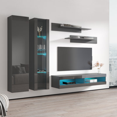 Beechmeadow 100" Modern Floating Wall Mounted Entertainment Center with 16-Color LED Lighting, High Gloss Finish