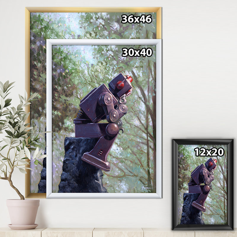 «Robot Th pensant dans les bois», reproduction d'art sur toile encadrée, H 20 po x l 12 po x P 1po, Cadre doré