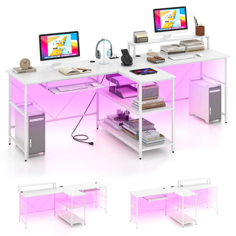 2-Person Reversible Computer Desk Long Office Desk With LED Lights, White