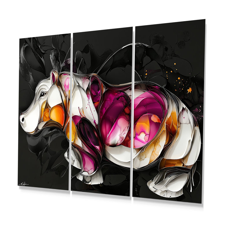 Ensemble de salon art mural hippopotame rose accentué d'orange - hippopotame rose, Métal métal, H 32 po x l 48 po x P 1 po
