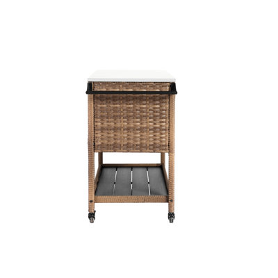 Rolling Counter Table With Wine Glass Rack And Stainless Steel Surface - Brown Large Poolside Storage Cart Hook For Hanging