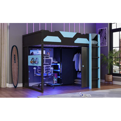 Lit mezzanine double en bois avec bureau, tablettes multiples, lumière USB et RVB