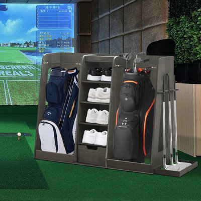 Support de rangement pour sac de golf en bois, support de rangement pour 2 sacs avec tiroirs et supports de club latéraux