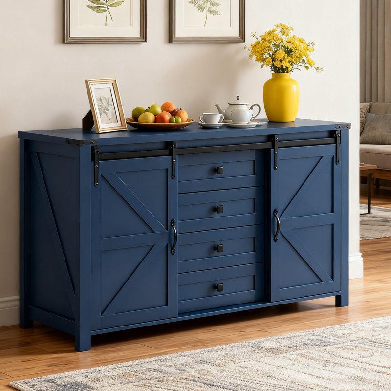 55.1-Inch Sideboard With Storage,Farmhouse Storage Cabinet With Sliding Barn Doors And 4 Drawers, Wood Buffet Table With Power Outlet