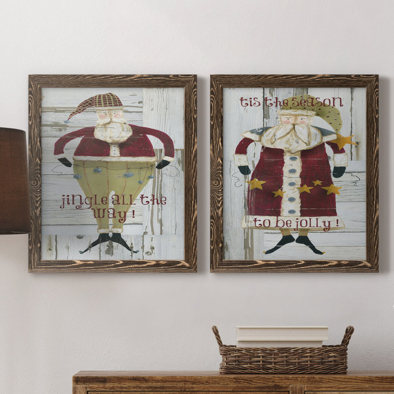 Jingle Santa - ensemble de 2 reproductions, H 20 po x l 17 po x P 1 po, Toile avec cadre en noyer, Pas de tapis