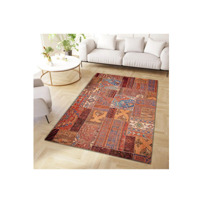 Tapis décoratif moderne patchwork à motif tissé brun