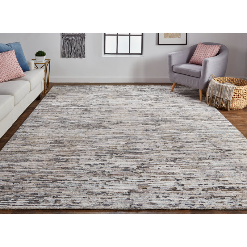 Tapis gris / brun / argent en laine noué à la main, Rectangle 8 pi 6 po x 11 pi 6 po