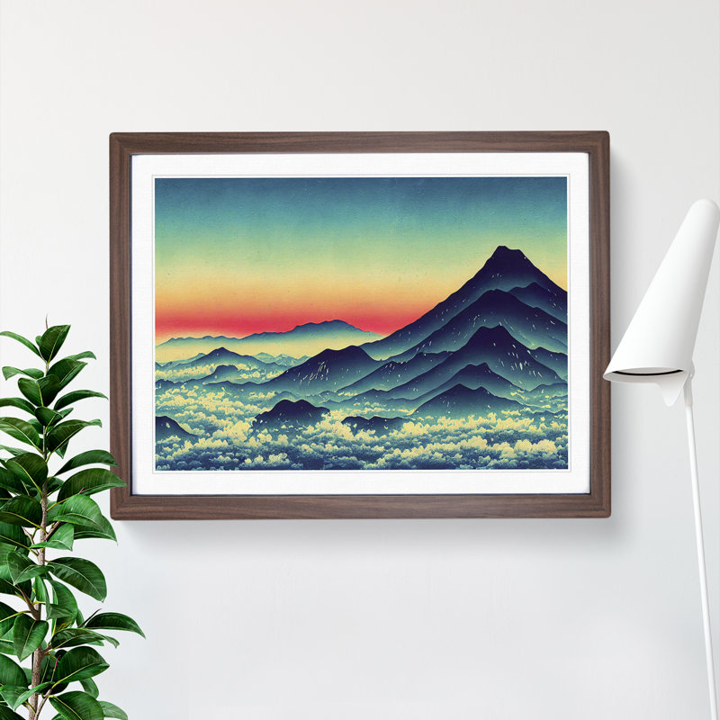 XH1022-8612X Sunset Japanese Mountain Painting Vol.4 - Single Picture Frame Print, 34cm H x 46cm W x 2cm D, Walnut Framed