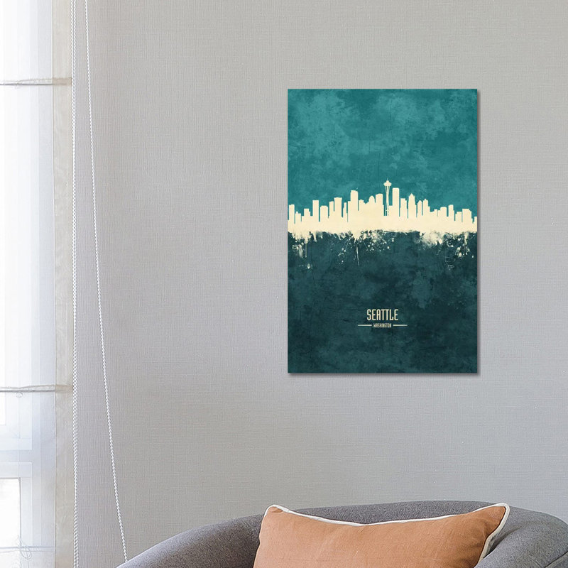 «Seattle Washington Skyline» par Michael Tompsett - peinture sur toile tendue, H 26 po x l 18 po x 1,5 po