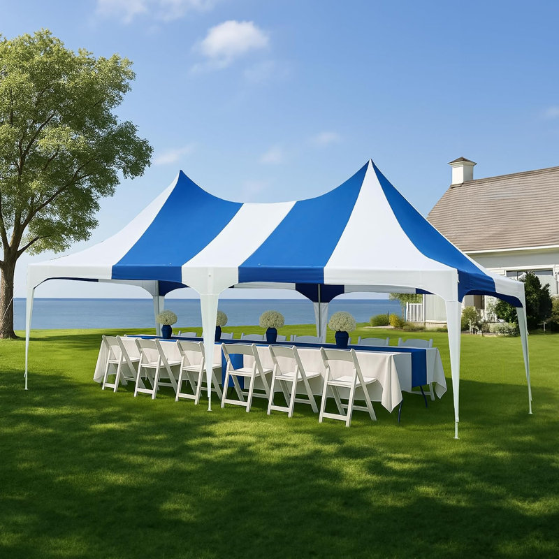 Tente de réception robuste de 13 pi x 26 pi, auvent de mariage à double sommet avec structure en acier galvanisé, tente de réception en polyester imperméable pouvant accueillir jusqu'à 60 invités, abri extérieur pour les mariages, les fêtes et les rassemblements, blanc et bleu
