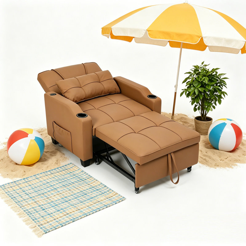 4 in 1 Convertible Sofa Chair Sleeper Chair Pull Out Bed with Vibration Massage Lumbar Pillow, Single Sofa Recliner with USB/Type-C Port, Cup Holders and Side Pocket for Small Spaces.