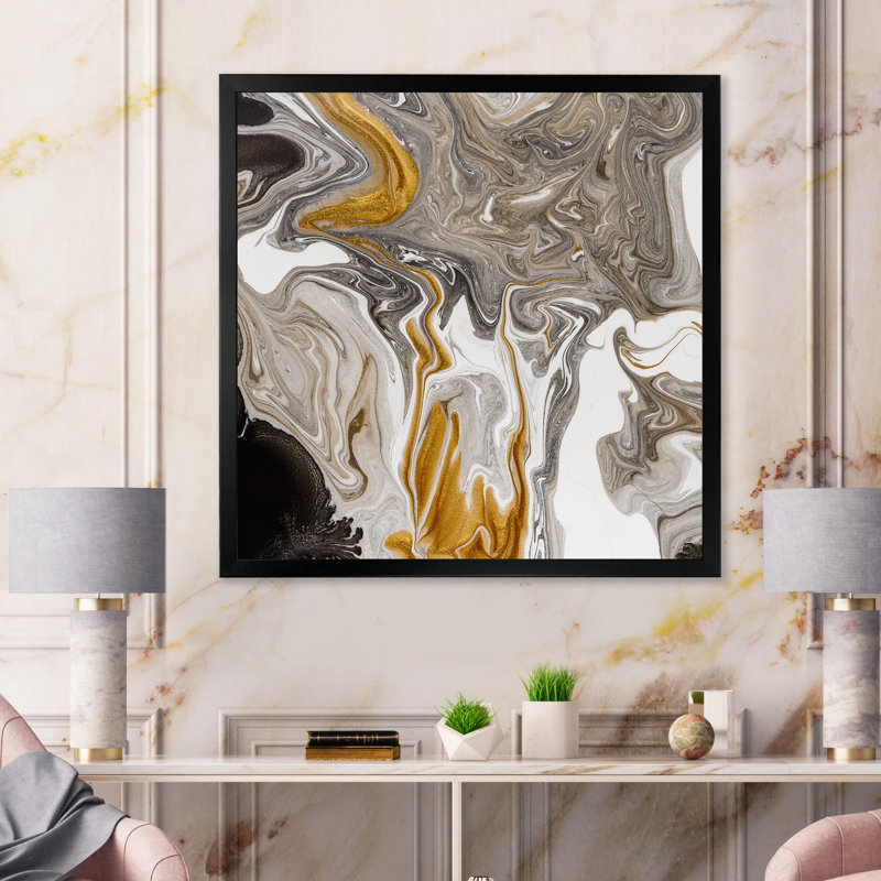 «Gold and Black Marble Waves III», reproduction d'art sur toile moderne, H 36 po x l 36 po x P 1 po, Cadre photo noir
