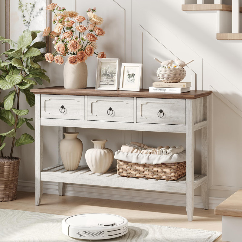 Rustic Entryway Table With Large Storage Space, White, Brown
