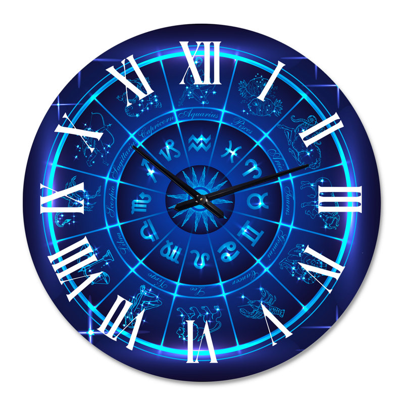 Horoscope néon bleu profond avec signes du zodiaque - horloge murale moderne, Grand