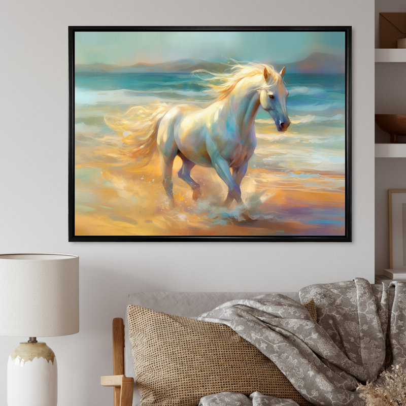 Cheval sur la plage I - art mural cheval, H 12 po x l 20 po x P 1 po, Cadre flottant noir