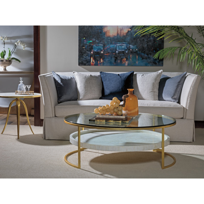 Gold and White Stone Round End Table with Metal Legs