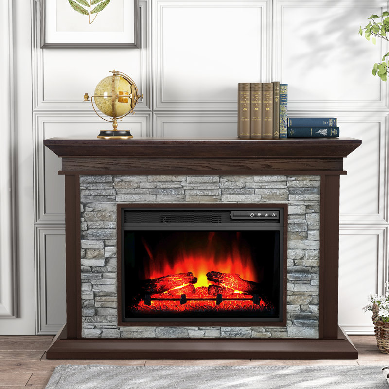 Manteau de cheminée électrique 49 po sans assemblage, chauffe-brique rustique en fausse pierre avec télécommande, 5 réglages de flamme, chauffage d'appoint de 400 pieds carrés avec minuterie et protection contre la surchauffe