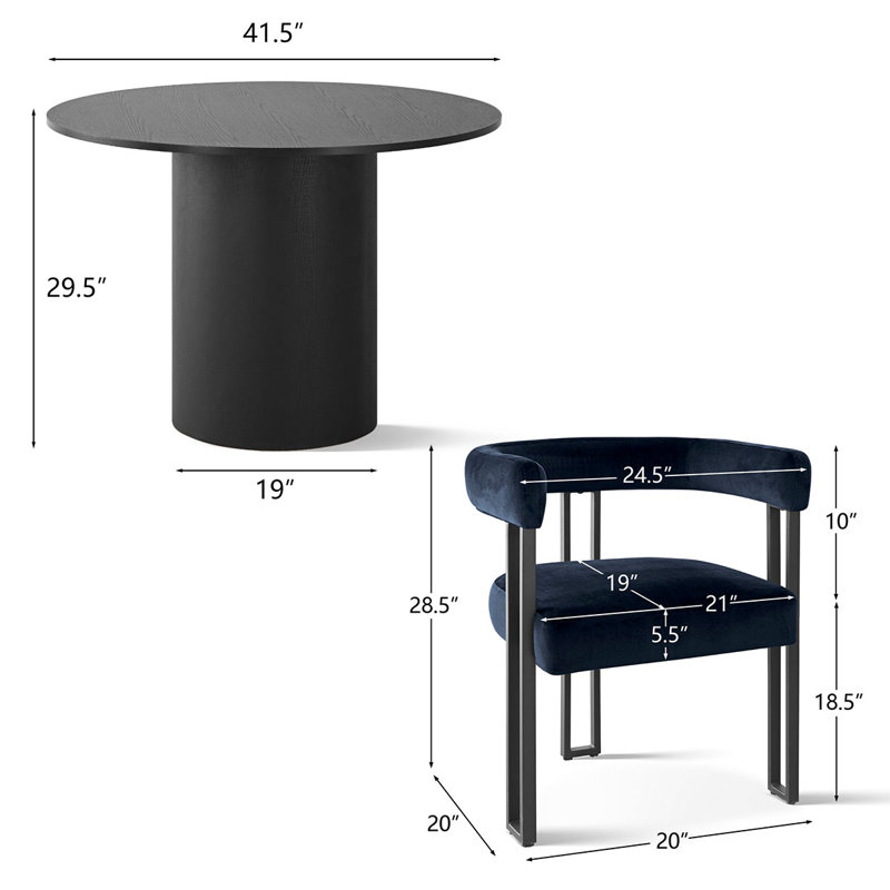 5-Piece Round Dining Set with Velvet Chairs, Blue