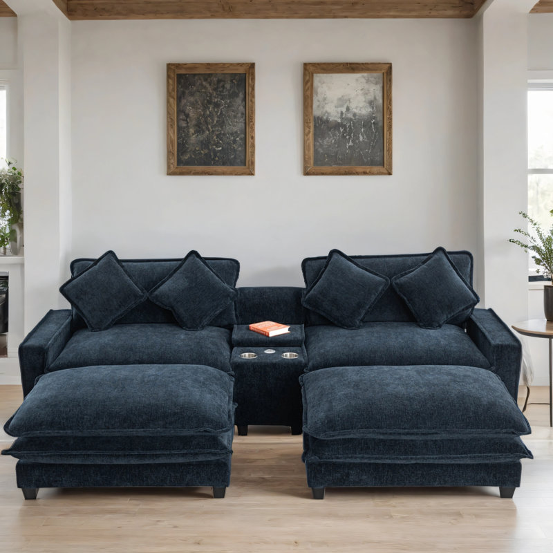 Canapé-lit convertible à double coussin ajustable avec coussins, ports USB et 2 repose-pieds amovibles, Bleu