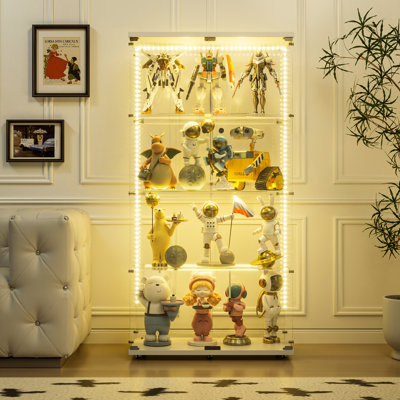 65.59" High Tempered Glass Display Cabinet 2-Door 4-Shelf Storage Cabinet With Bluetooth Led Strip And Swivel Casters