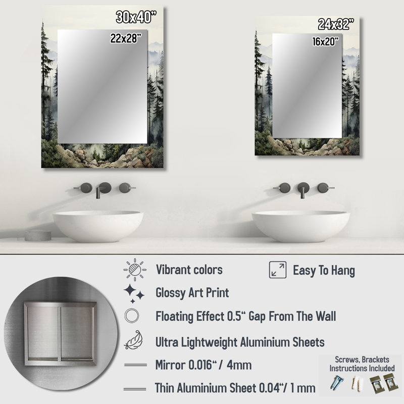 Pin, Misty Mountain I - miroir mural unique en pin, miroir vert, impression sur métal, 32 po x 24 po