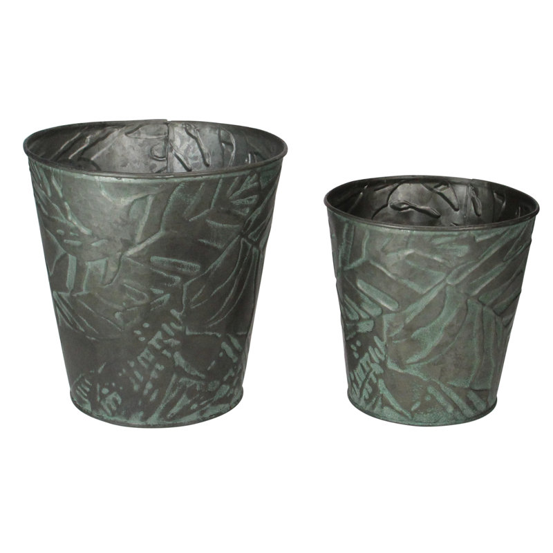 Gray and Green Patina Leaf Metal Outdoor Planter Set