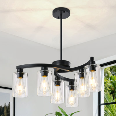 Tellis 6-Light Modern Farmhouse Black Chandelier with Clear Glass Shade for Kitchen Island Dining Room Living Room Entryway Hallway Foyer