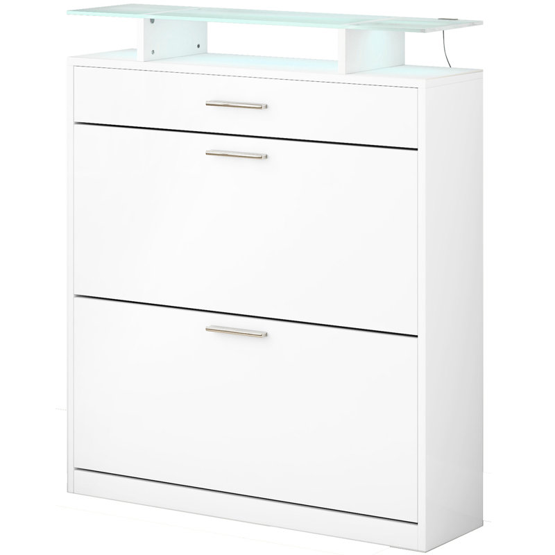 Étagère à chaussures mince avec 2 tiroirs rabattables et conduit pour le vestibule, 3 couloirs modernes en verre trempé blanc