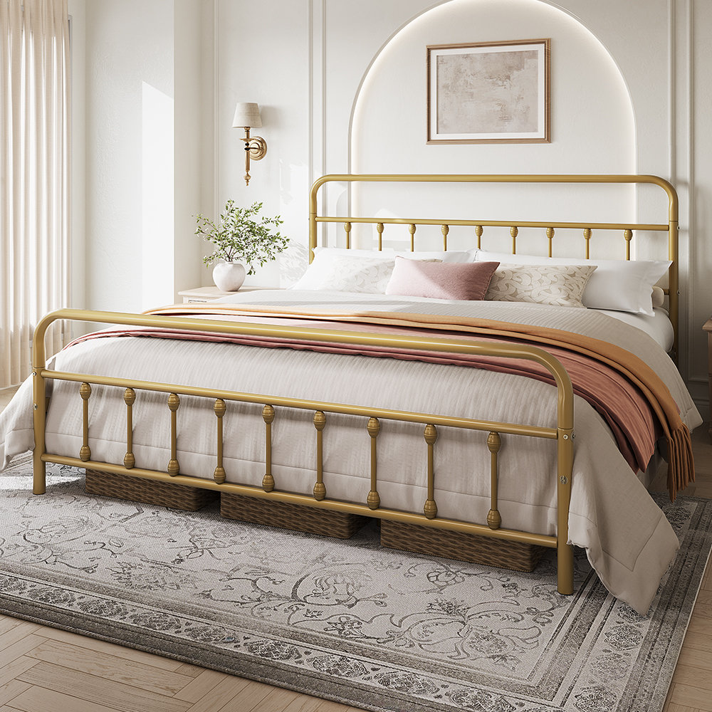 Classic Iron Platform Bed with High Headboard and Footboard - King