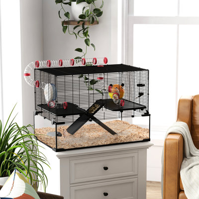 31" Hamster Cage With Tube Tunnel - Steel, For Dwarf Hamster, , Gerbil Deep Glass Base, Eating Utensil, Water Bottle, Exercise Wheel Extra Large Lodge Steel Structure Bottom, Food Dish,