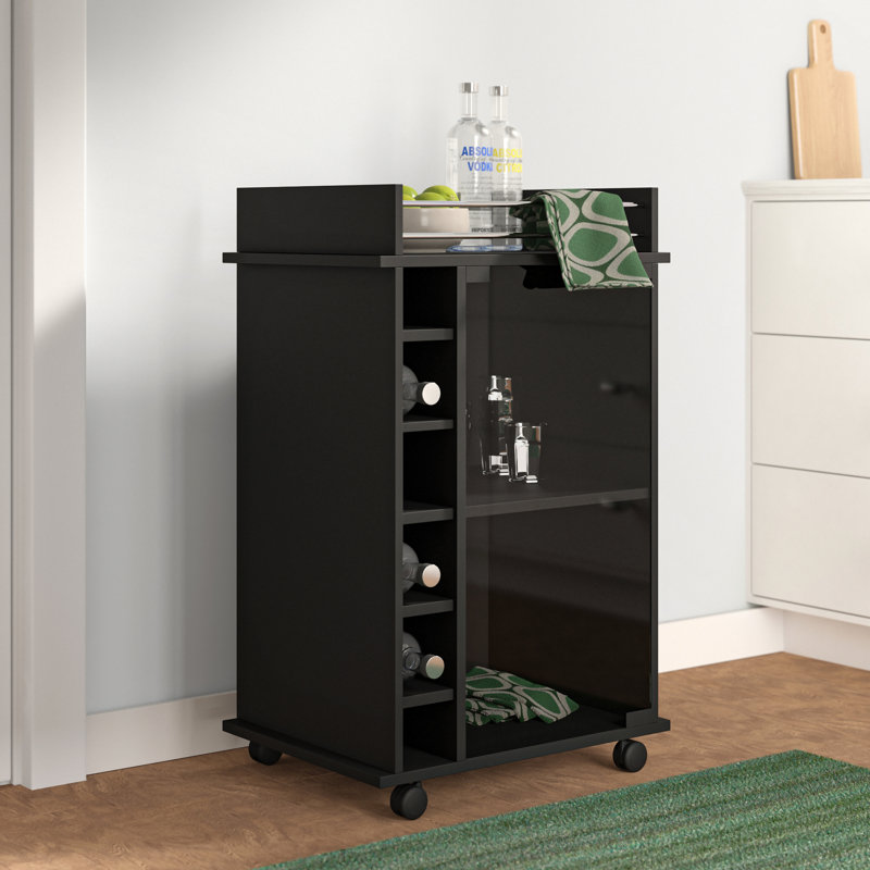 Dukat 2-Shelf Glass Door Bar Cart with Six Wine Cubbies, Black