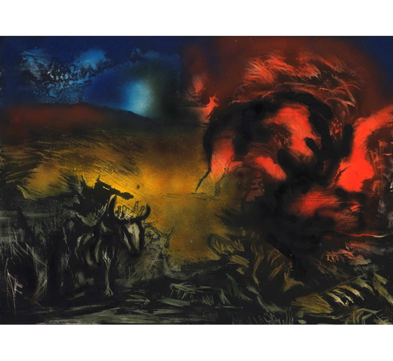 Paysage avec bouvillon, H 13 po x l 18 po