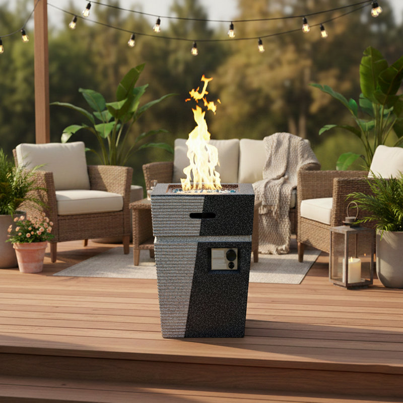 Modern Square Concrete Fire Pit Column (29'' H x 19.7'' W) – Complete with Glass Rocks