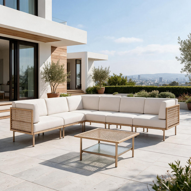 Ensemble de conversation modulaire en résine tressée à la main avec coussins épais et table, 7 Piece Modular Set, Beige